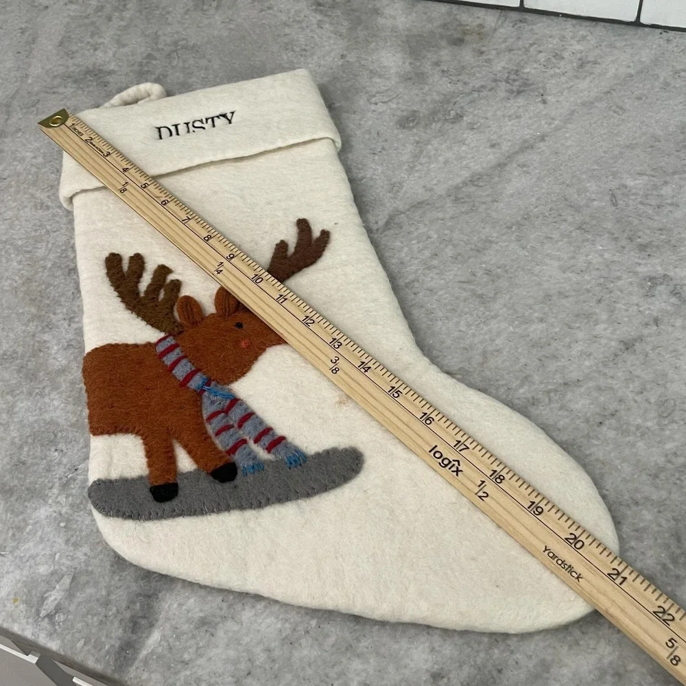 West Elm Christmas Stocking White Felt Reindeer Applique Kids Dusty Name